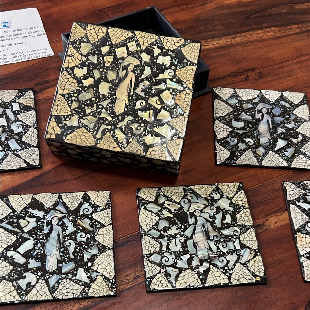 Mother of Pearl Coaster Set Lacquer 6 Piece